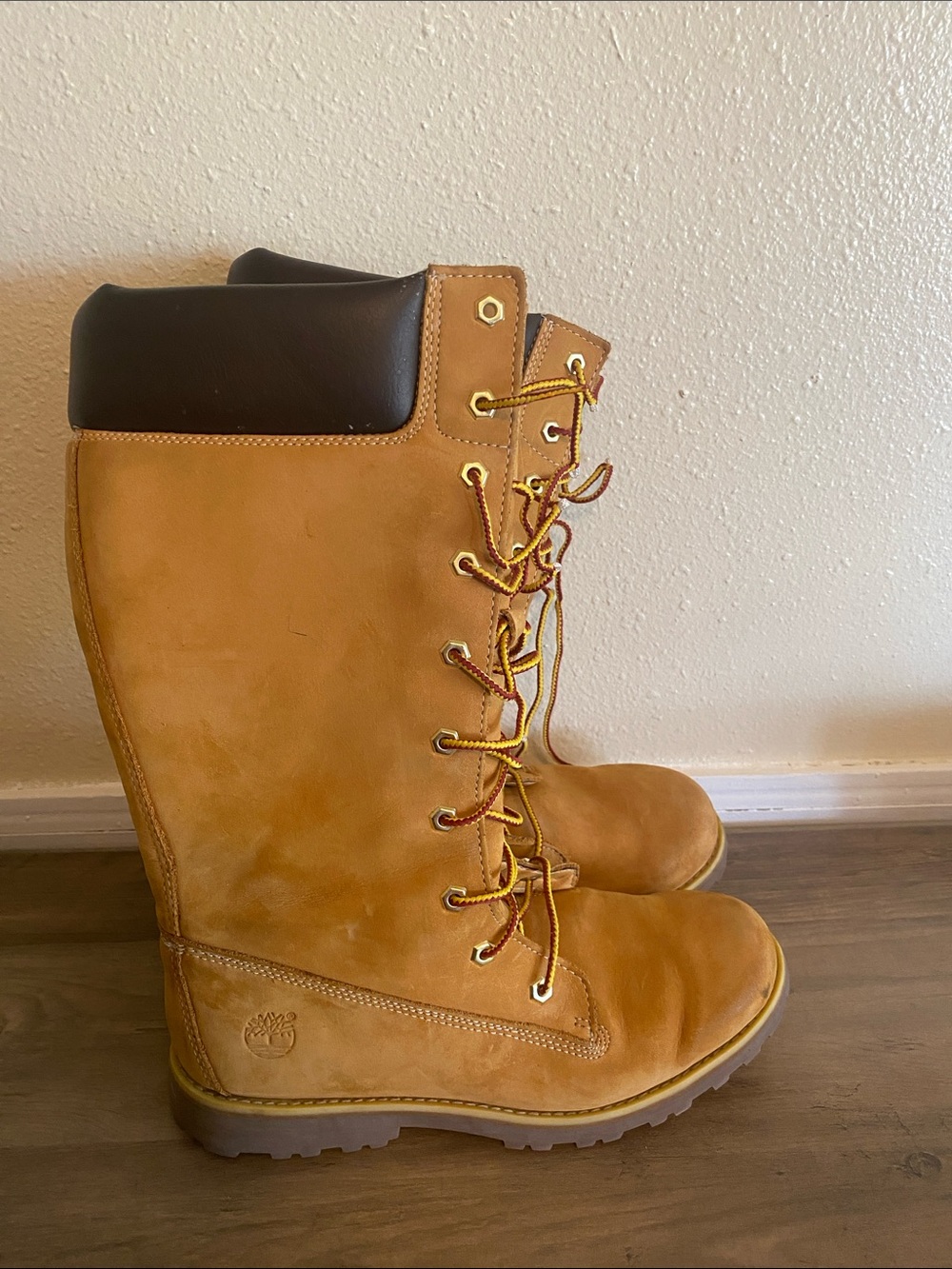 Timberland Women's Lace-Up Tall Boots in Wheat and Dark Brown Collar